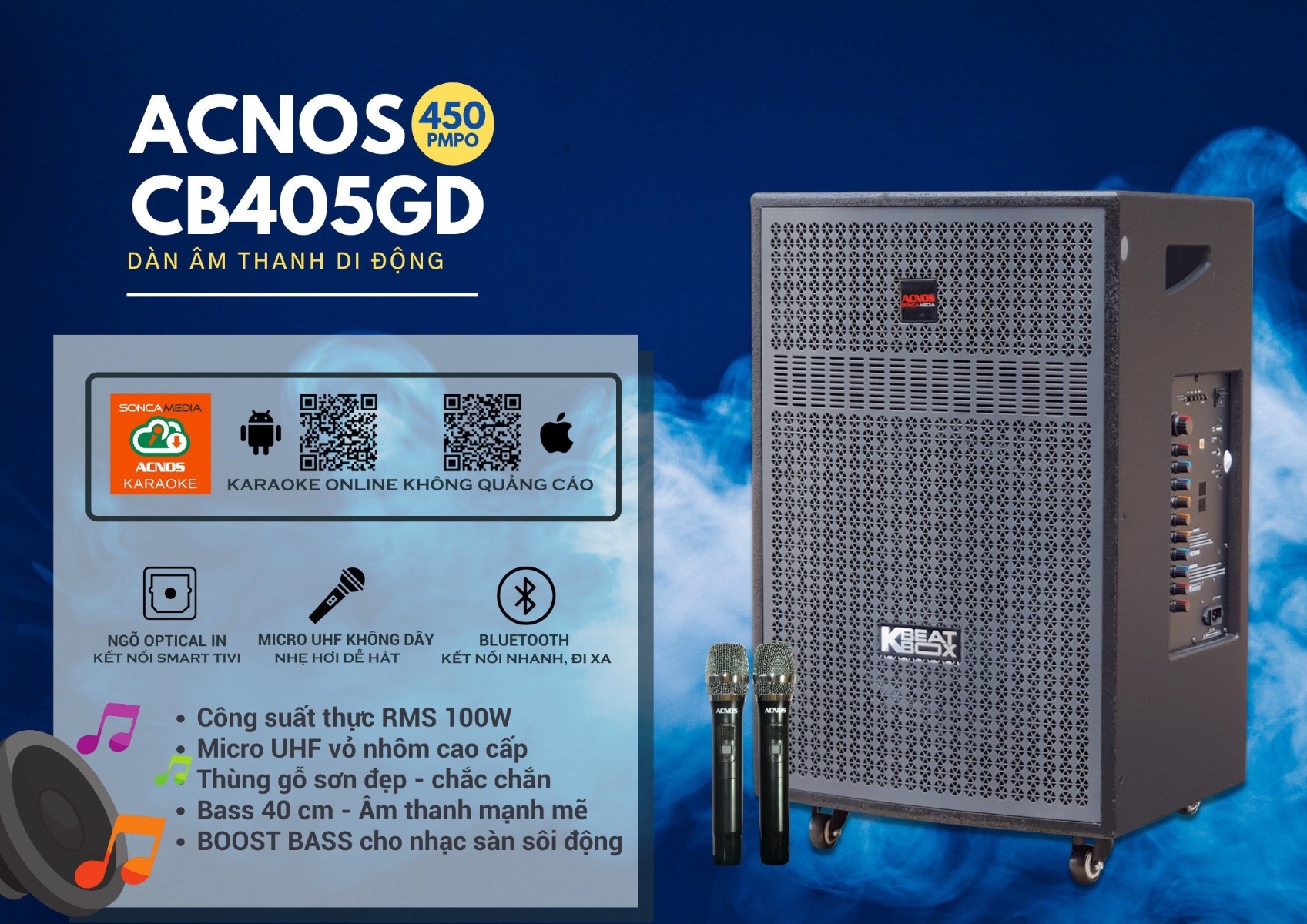 Loa kéo Acnos CB405GD (Bass 40, 100W/450W, kèm 2 micro)