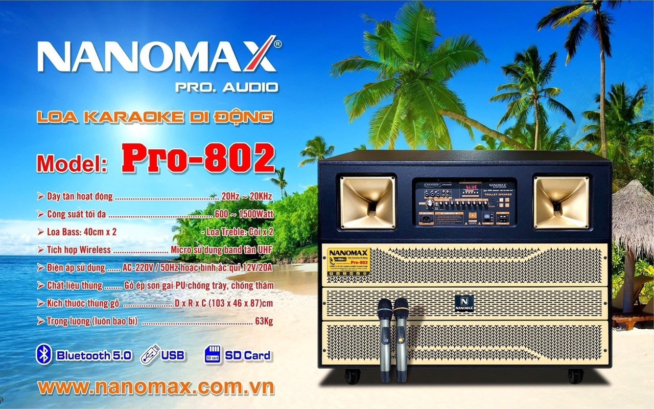 Loa kéo Nanomax Pro-802 (Bass Đôi 40cm 1500w kèm 2 micro)