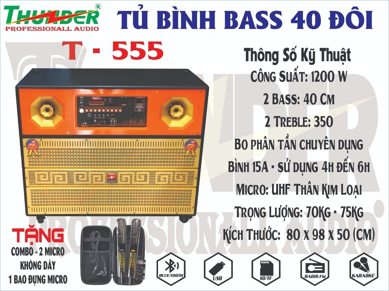 Loa kéo Thunder T-555 (Bass Đôi 40cm 1200w kèm 2 micro)