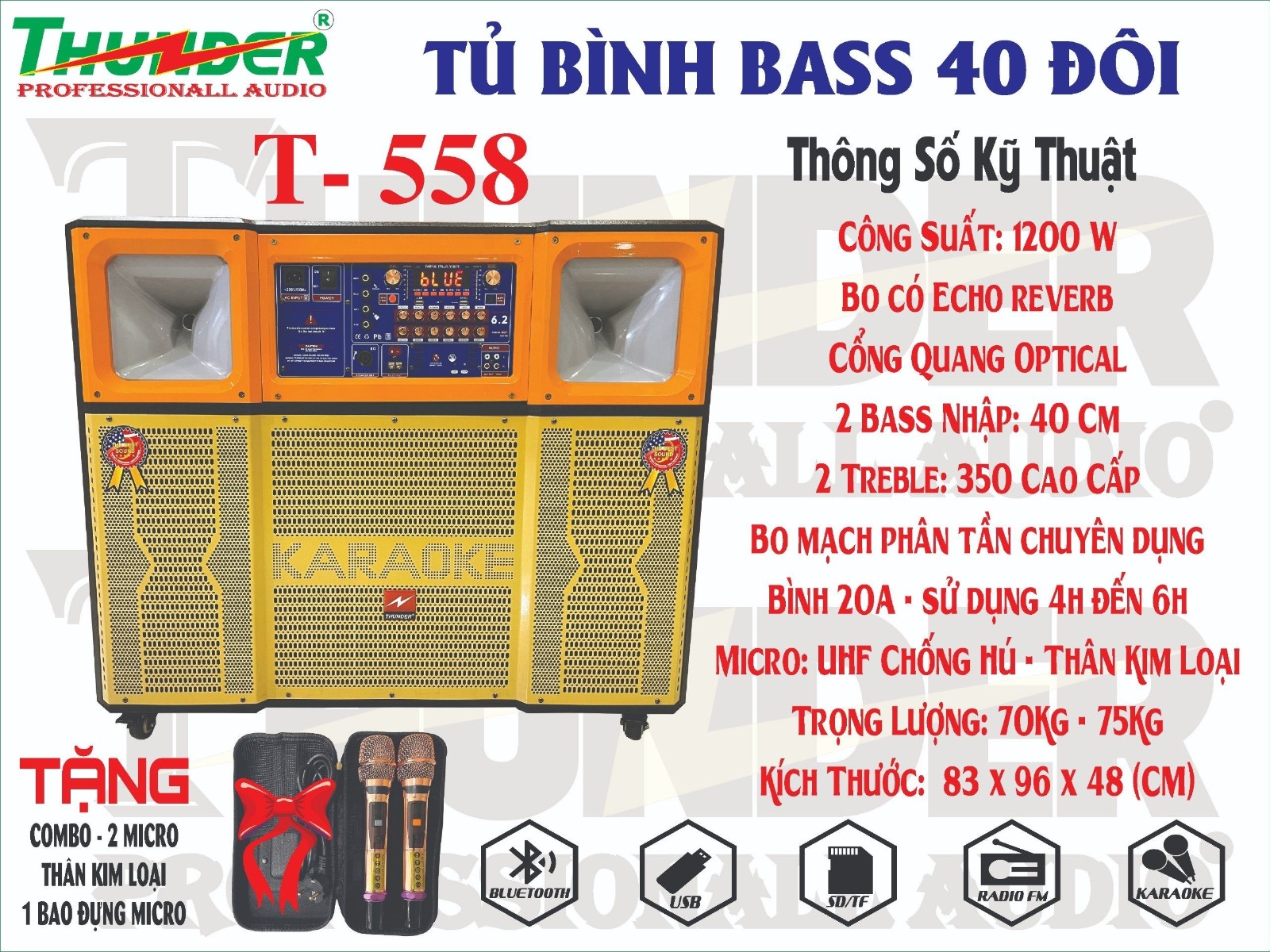 Loa kéo Thunder T-558 (Bass Đôi 40cm 1500w kèm 2 micro)