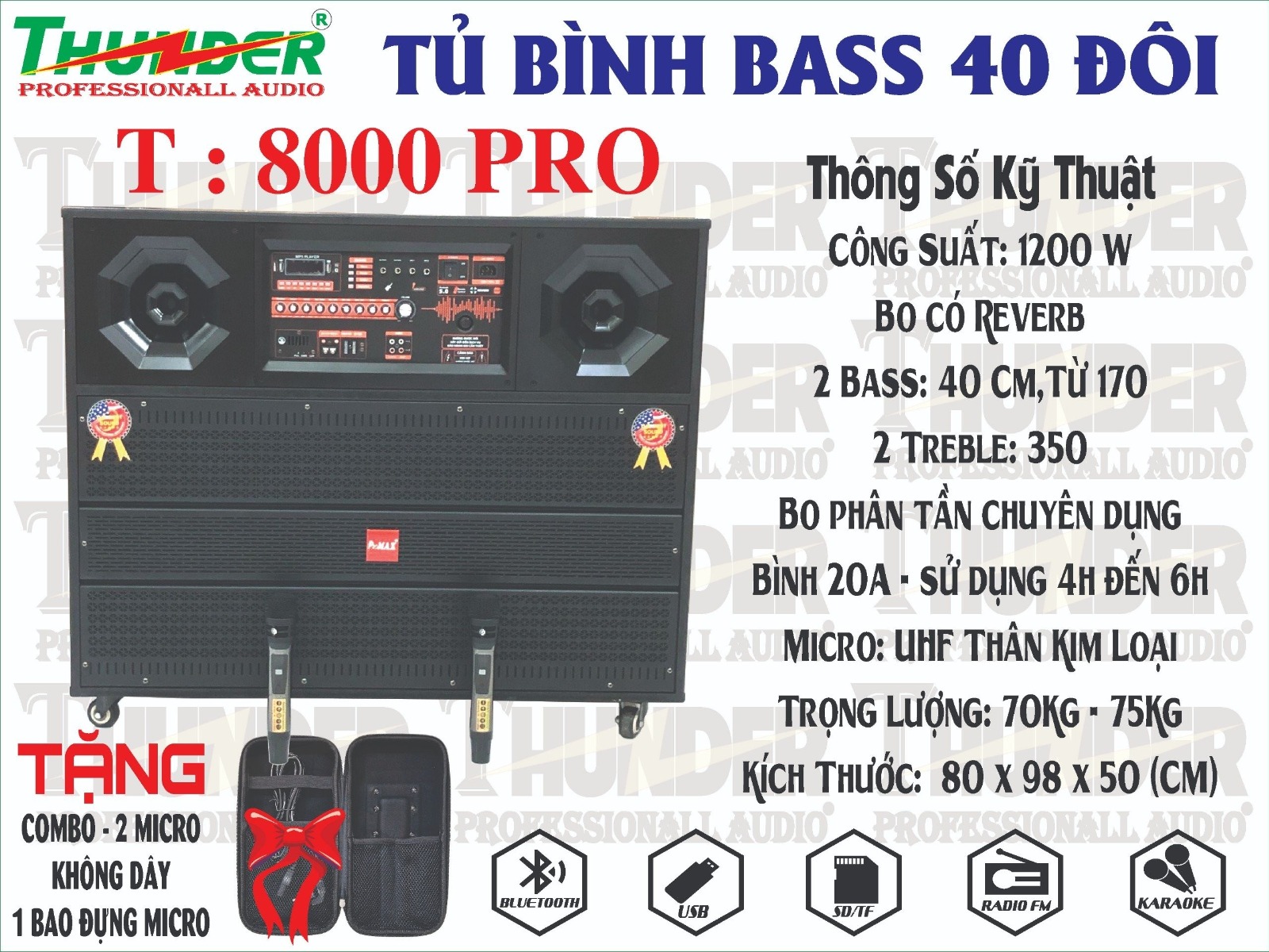 Loa kéo Thunder T-8000-Pro (Bass Đôi 40cm 1300w kèm 2 micro)